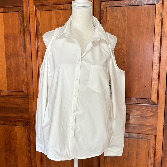 Active USA White Cotton Button Down Cold Shoulder Blouse Large NWT - Picture 2 of 8